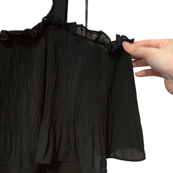 Love, Bonito Solid Black Ruffled Pleated Overlay Wide-Leg  Jumpsuit 6 - Picture 7 of 10